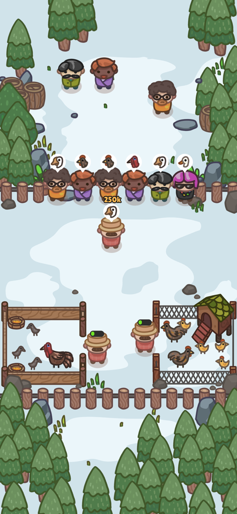 Customers queuing at a snowy poultry farm in Farm Bliss Tycoon game