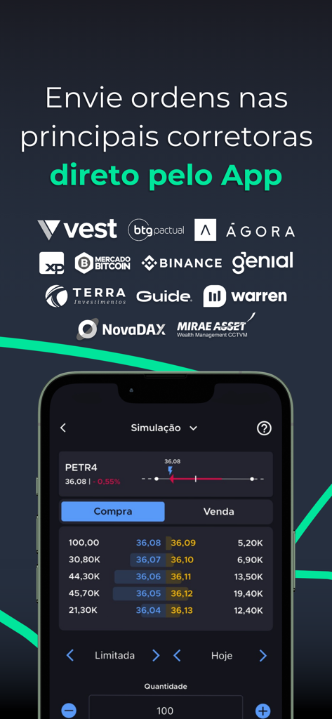 TradeMap: Acompanhe suas ações - TradeMap app interface for sending stock market orders through integrated brokerages like Binance and XP