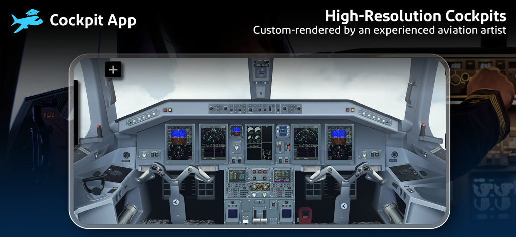Cockpit App Systems - A high resolution aircraft cockpit rendering displayed on a mobile device for pilot training