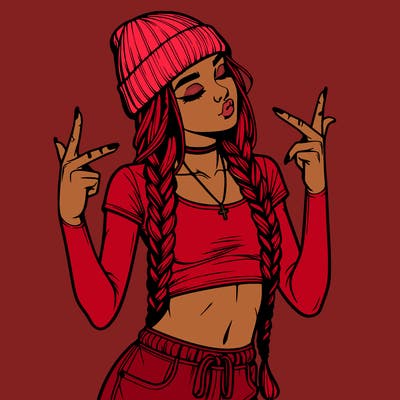 realistic teenage girl with braids and a beanie and crop top doing 🫶🏼