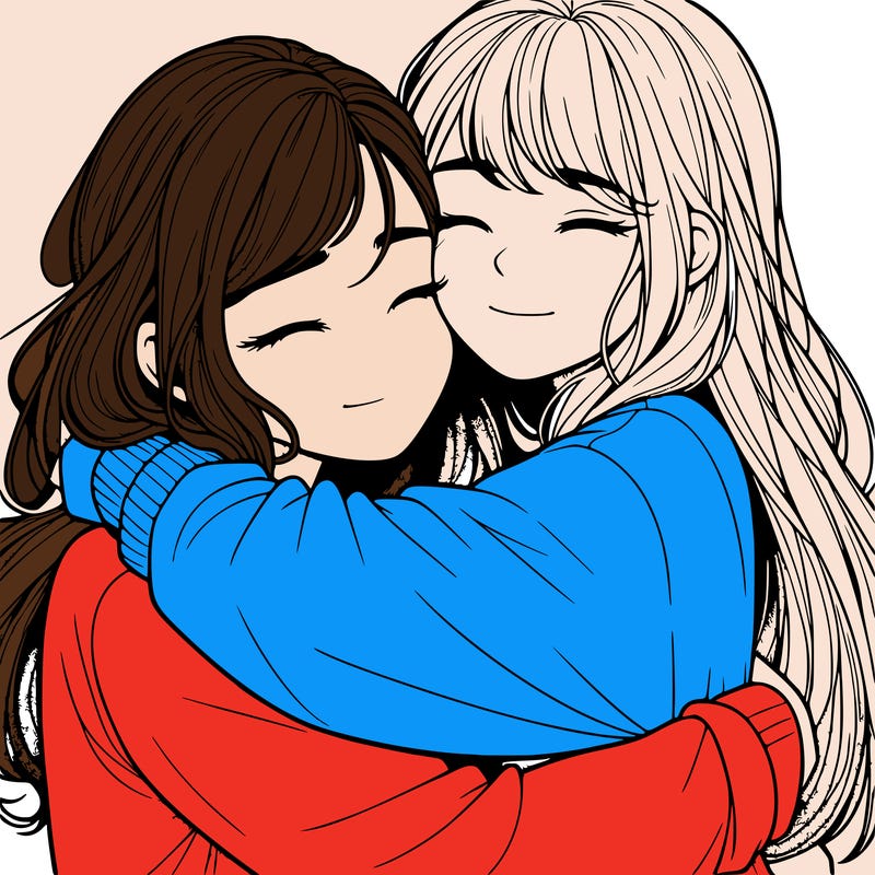 realistic two girls hugging