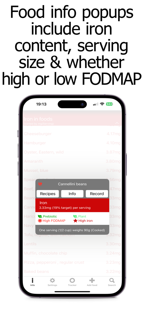Iron Counter and Tracker - Iron Counter app displaying food details for beans including iron content and FODMAP status