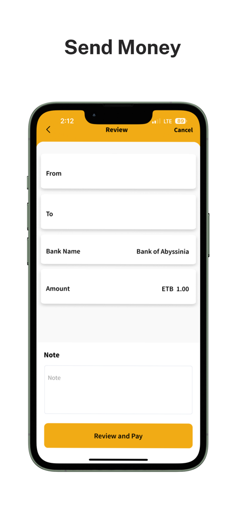 BoAMobile - Pantalla de revisión para enviar dinero en la aplicación BoAMobile mostrando los detalles de la transacción y un botón de revisar y pagar.