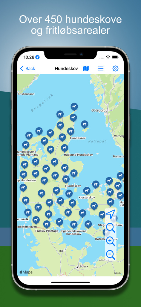 Dog forest - iPhone screen displaying a map of Denmark with over 450 dog forest and free range area locations