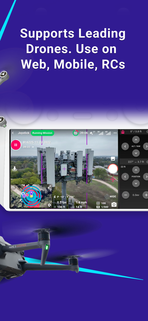 Dronelink Flight app interface showing a drone inspection mission on a tablet