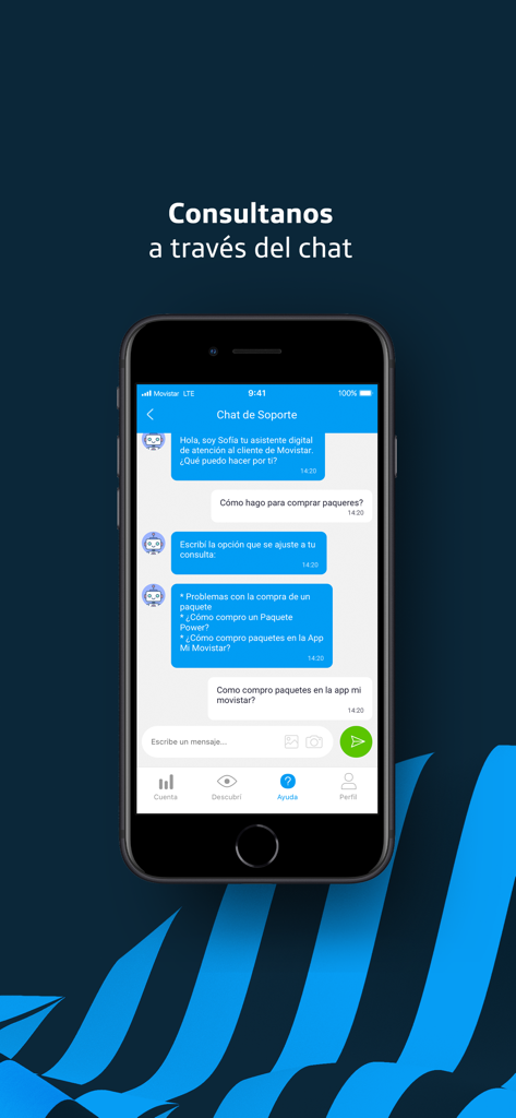 Mi Movistar Uruguay - Pantalla de chat de soporte de la app Mi Movistar Uruguay con un asistente digital para consultas de clientes