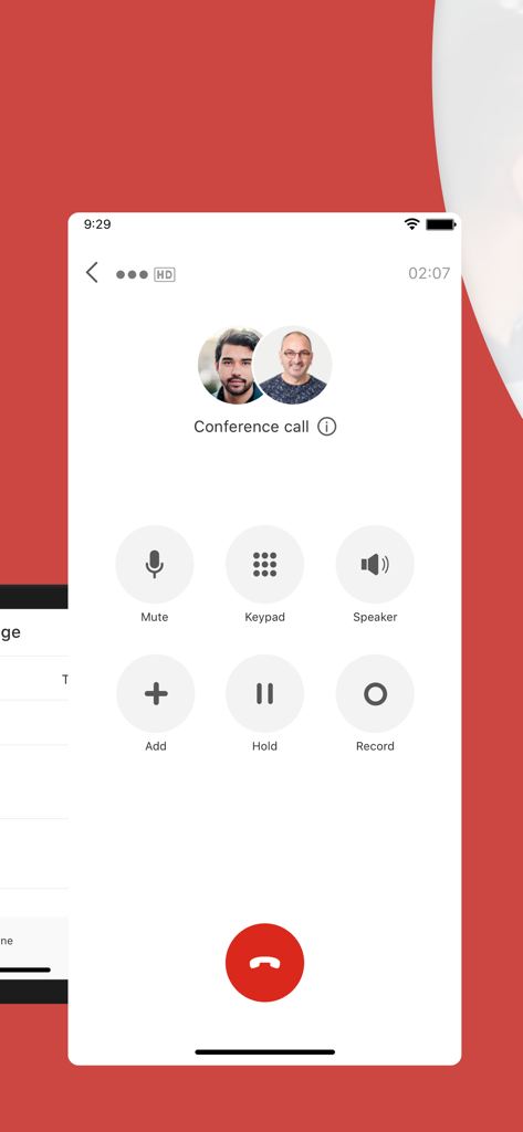 Avaya Cloud Office - Avaya Cloud Office mobile app showing an active conference call with control buttons like mute, keypad, and record.