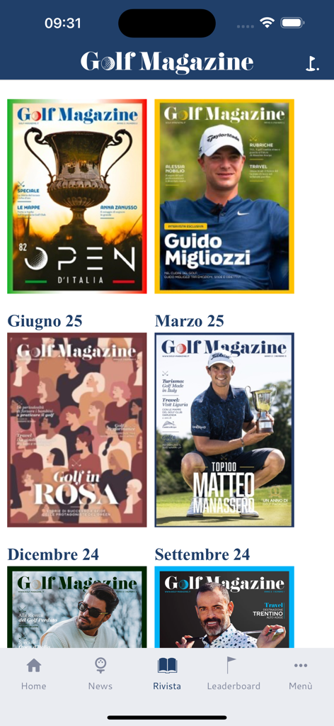 Golf-Magazine - Visualizzazione a griglia di varie copertine digitali nella sezione archivio dell'app mobile Golf Magazine.