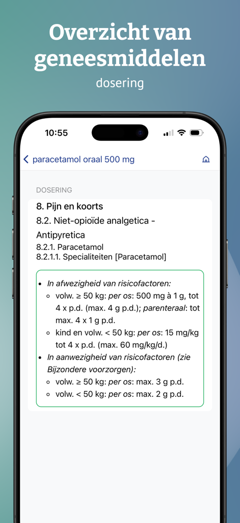 BCFI mobile app interface displaying detailed paracetamol dosage instructions for medical professionals