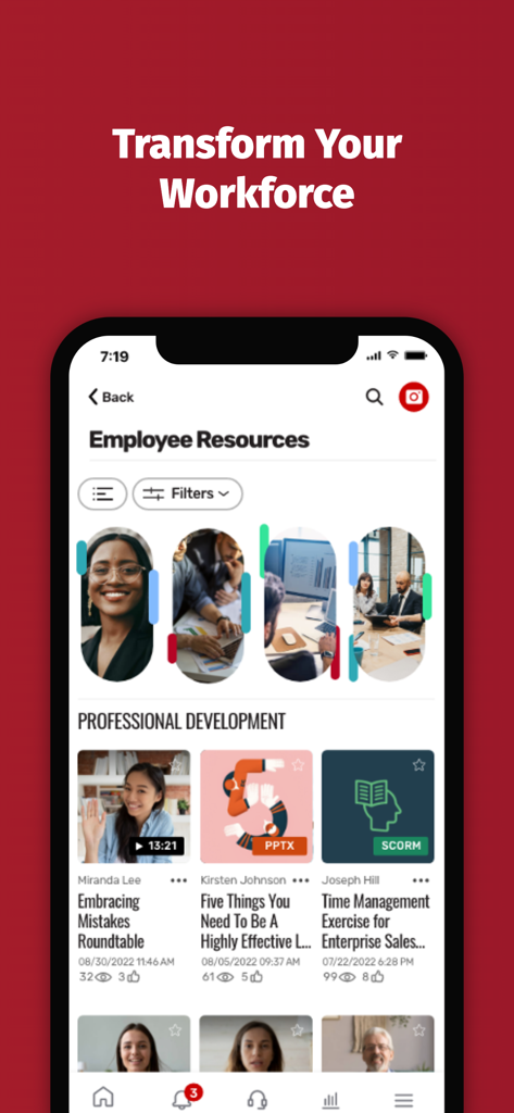 Allego app interface showing employee resources and professional development training videos on a mobile device.