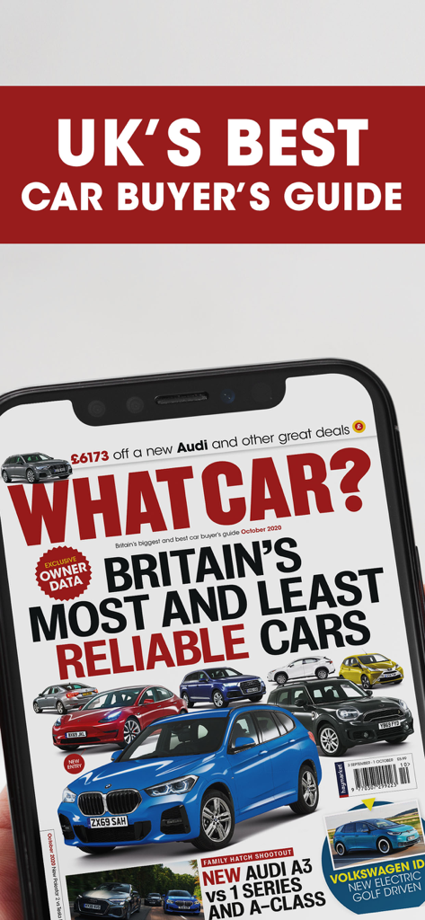 Aplicativo What Car? exibindo os carros mais e menos confiáveis da Grã-Bretanha em um smartphone.