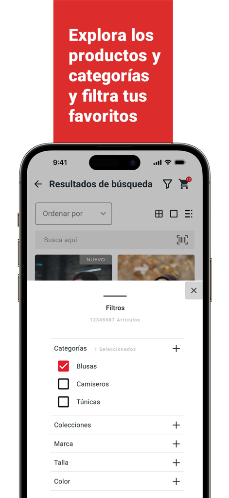 Deprati: Compras Online - Interface de l'application d'achat en ligne Deprati montrant les filtres de recherche pour les articles de mode tels que les chemisiers et les chemises.