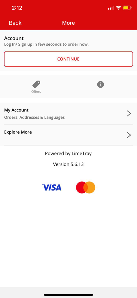 Indomie Cafe - Indomie Cafe app interface showing the account sign-in page with options for orders and payment methods including Visa and Mastercard