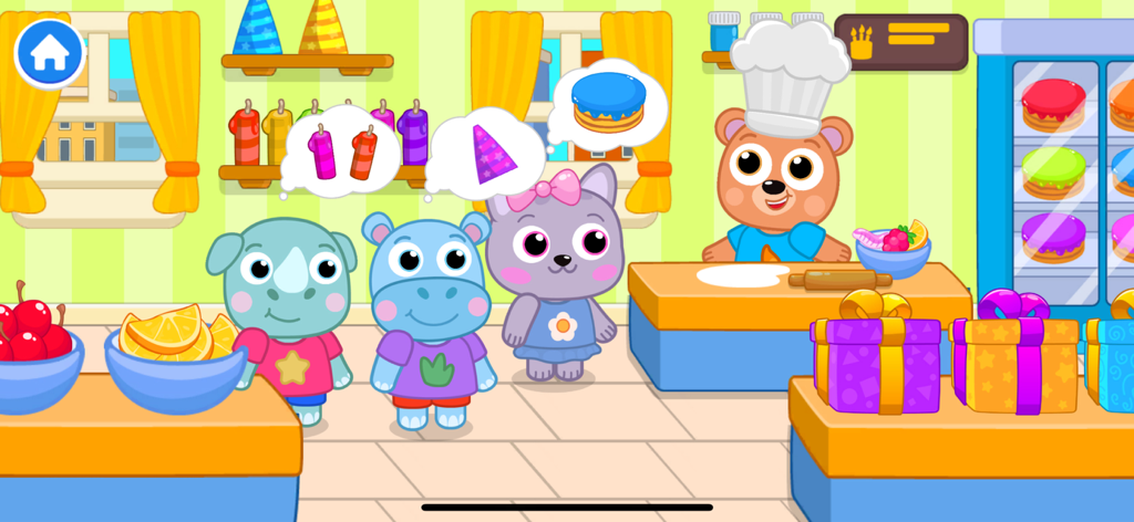 Personajes animales pidiendo pasteles y suministros para fiestas en un juego educativo preescolar