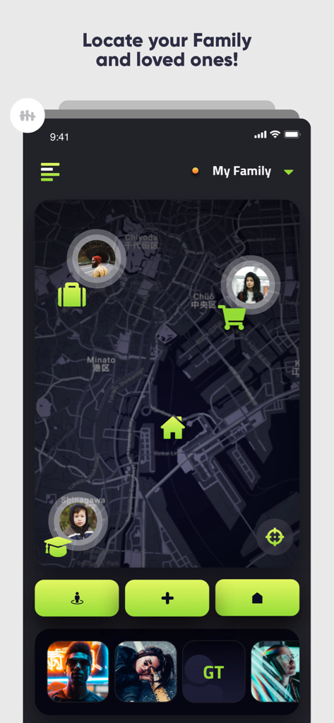 Placeter app interface showing real-time location tracking of family members on a dark map
