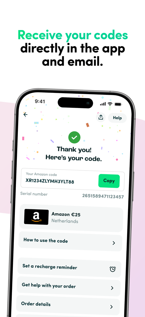 Recharge.com: Mobile top up - Mobile phone screen displaying a digital Amazon gift card code delivery within the Recharge app
