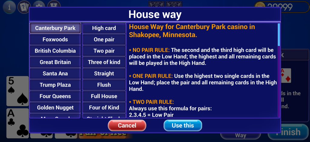 Pai Gow Poker Trainer - Selection menu for different casino house way rules in the Pai Gow Poker Trainer app