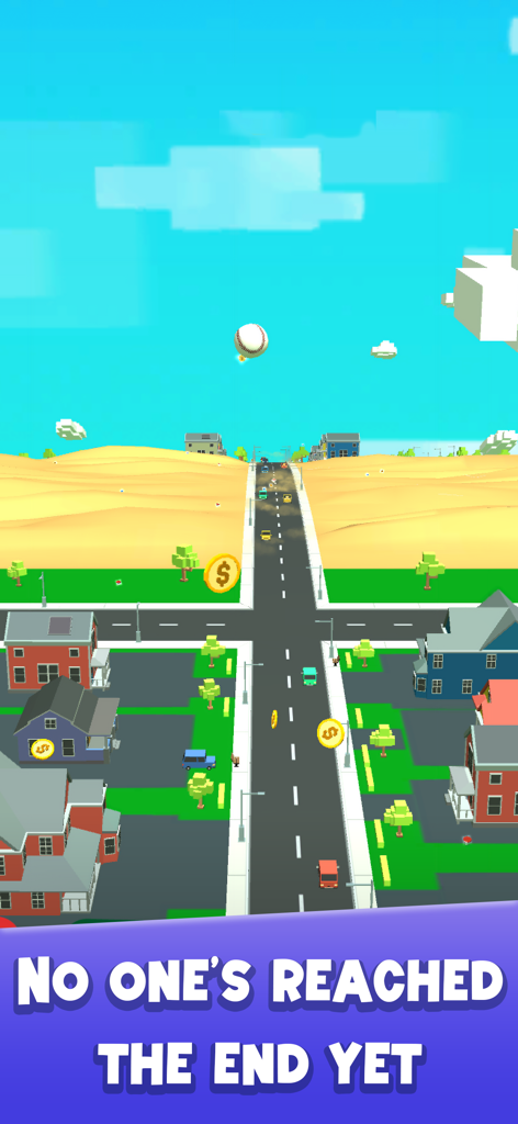 A baseball flying over a colorful low poly neighborhood in the game Baseball Boy