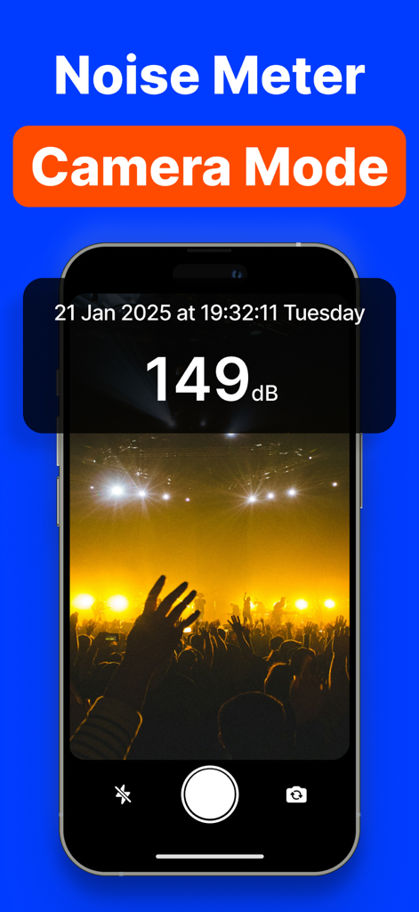 Clear Wave・Water Eject - iPhone displaying the Noise Meter Camera Mode feature showing decibel levels and timestamp on a live photo.