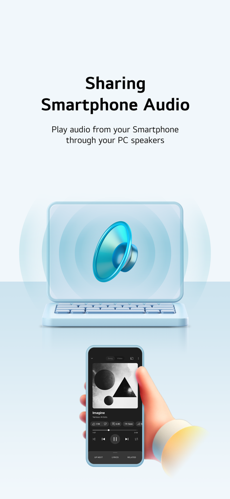 An illustration showing how to play smartphone audio through PC speakers using the LG gram Link app.