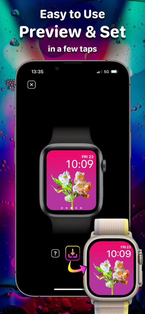 Smart Watch Faces & Wallpaper - 花のウォッチフェイスのプレビューとApple Watchへの設定方法を示すモバイルアプリインターフェース