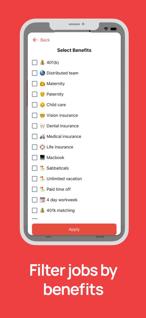 Schermata dell'app DailyRemote che mostra un elenco di benefici lavorativi selezionabili come assicurazione sanitaria, ferie illimitate e settimana lavorativa di 4 giorni per filtrare i risultati di ricerca.