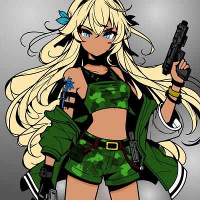 bad girl wearing crop top holding a gun long hair anime