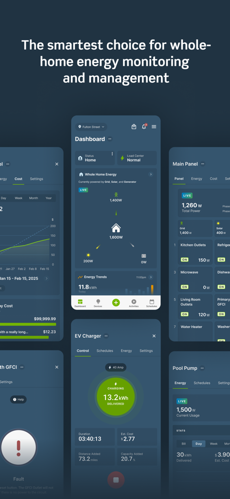 Dashboard of My Leviton app showing whole home energy monitoring and smart device control