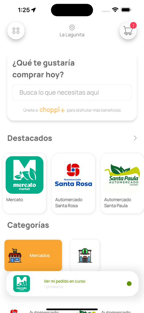 Choppi - Tela inicial do aplicativo de compras de supermercado Choppi com mercados locais e uma barra de pesquisa em espanhol.