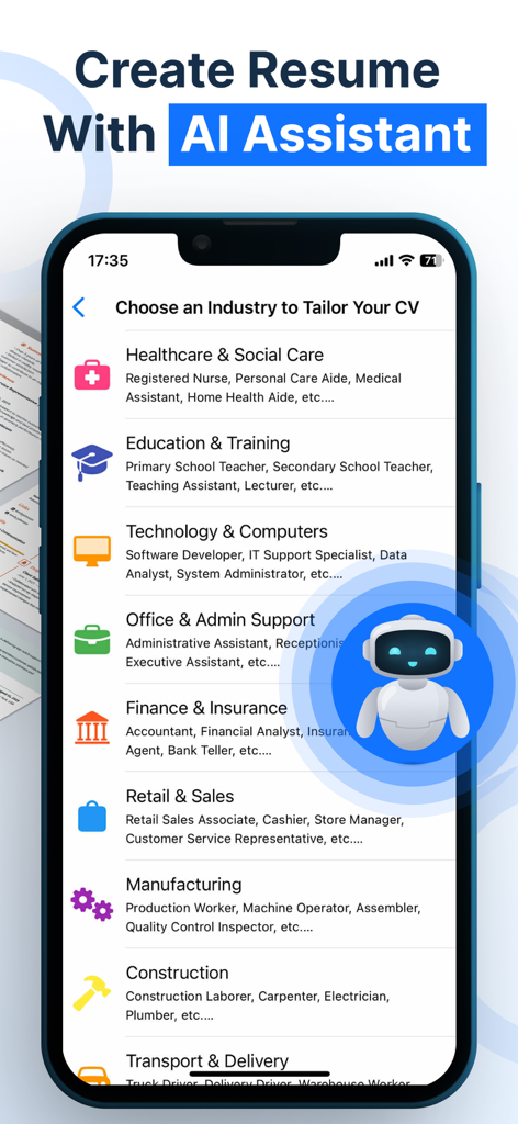 WeBuildCV: Resume Maker PDF AI - Tela do aplicativo móvel WeBuildCV mostrando uma lista de indústrias para personalização de currículos com IA, incluindo Saúde, Tecnologia e Varejo