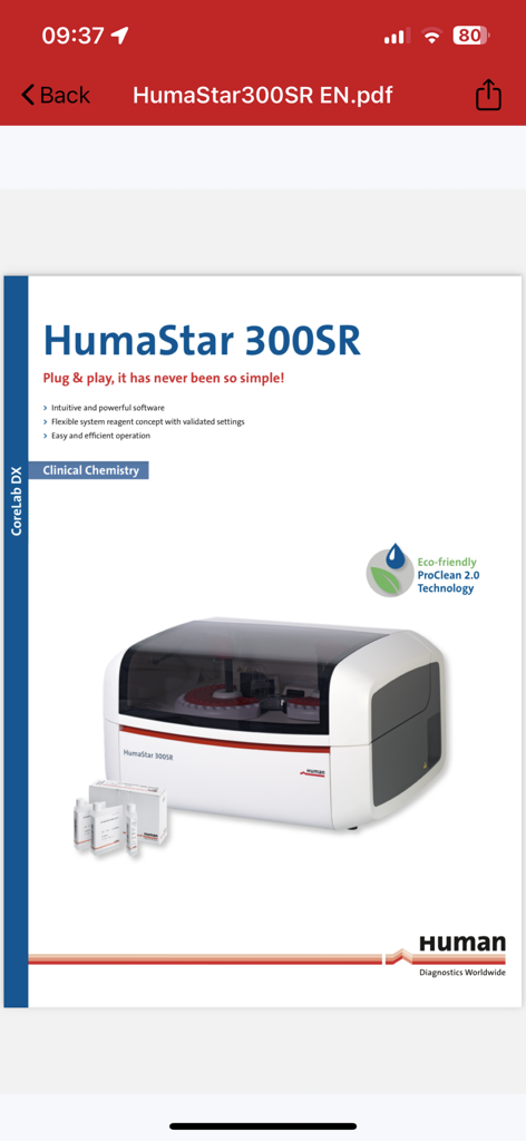HUMAN.de - A product brochure for the HumaStar 300SR clinical chemistry analyzer displayed within the HUMAN.de mobile application