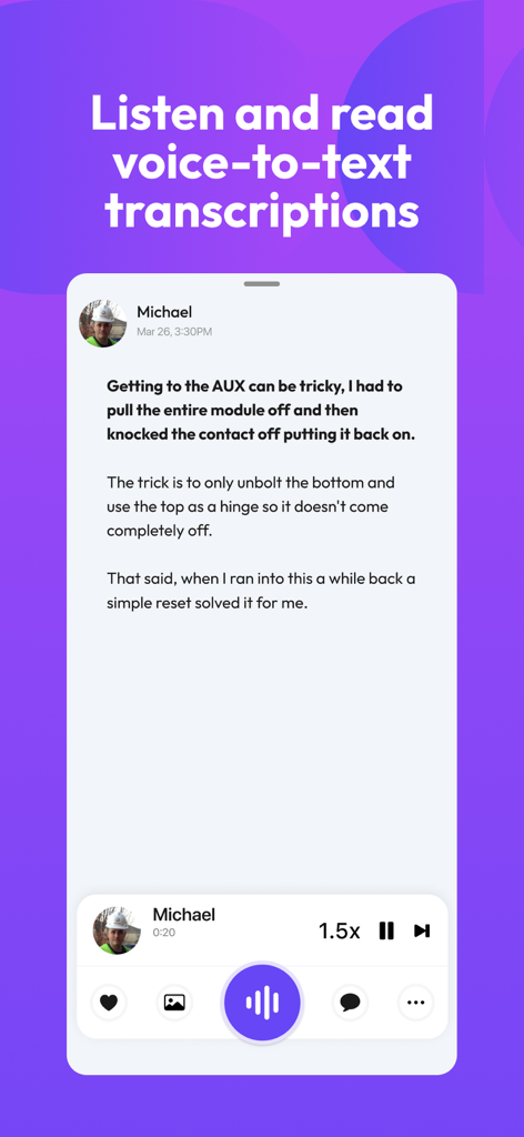 Airwave - Push To Talk (PTT) - Mobile interface of Airwave app showing voice to text transcription of a field technicians message