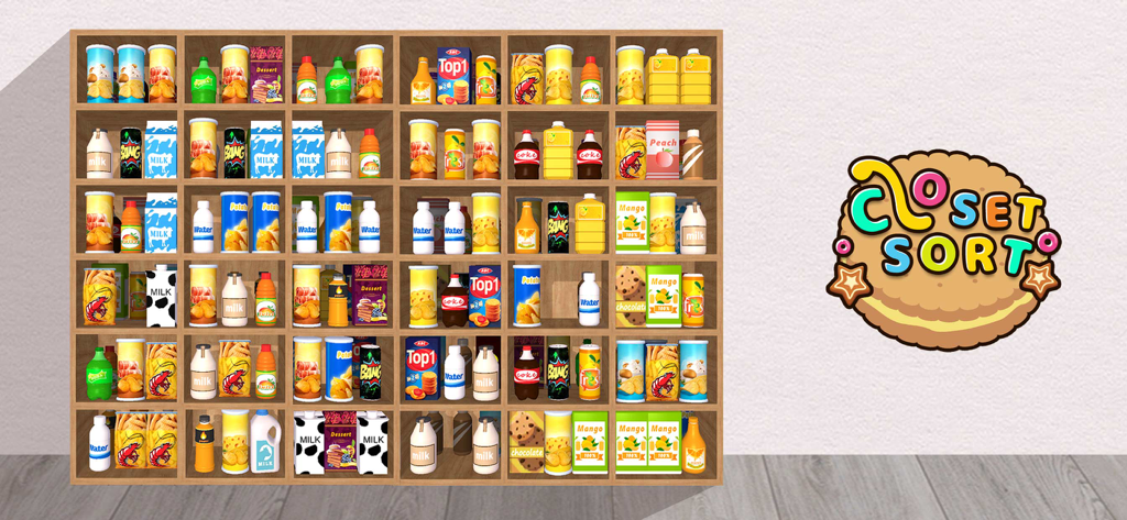 Wooden shelves filled with 3D grocery items and snacks in the Closet Sort puzzle game