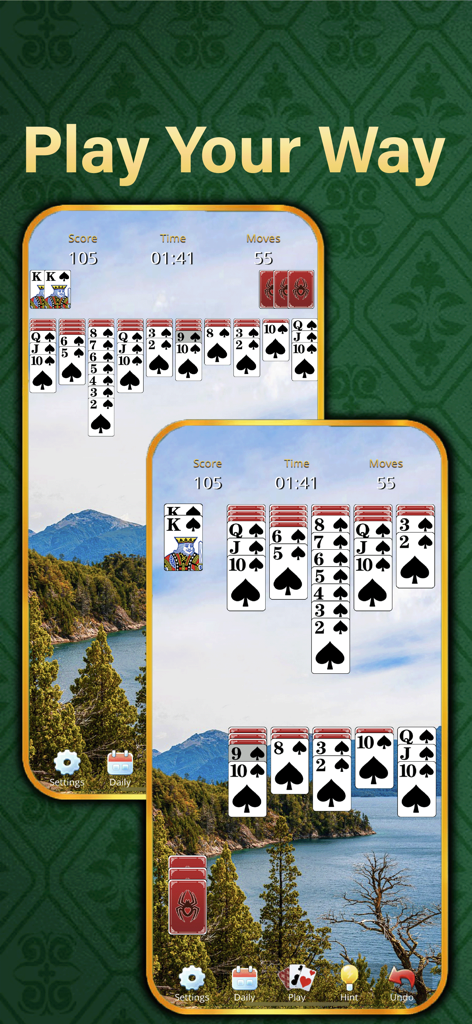 Solitaire Relax®Classic Spider - Spider Solitaire gameplay screen with scenic lake background and the title Play Your Way