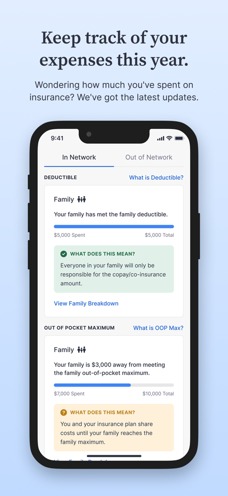 Rightway Healthcare - Mobile dashboard showing family healthcare deductibles and insurance expenses