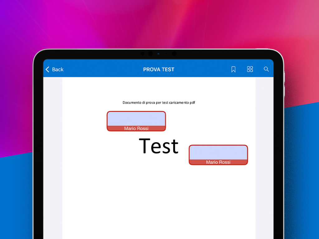 GoSign Grapho - Schermo di un iPad che mostra un documento con campi per la firma nell'app di firma biometrica GoSign Grapho.
