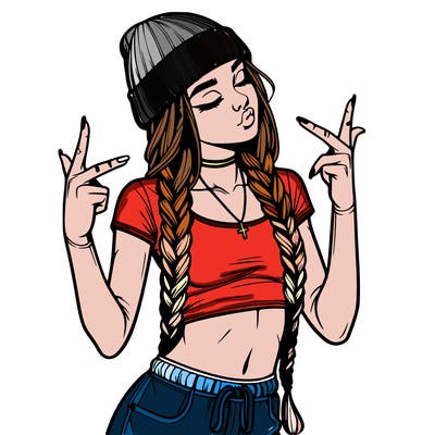 realistic teenage girl with braids and a beanie and crop top doing 🫶🏼