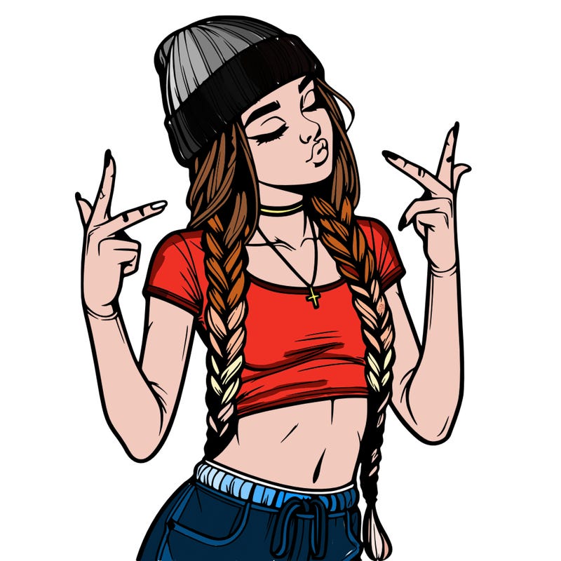 realistic teenage girl with braids and a beanie and crop top doing 🫶🏼