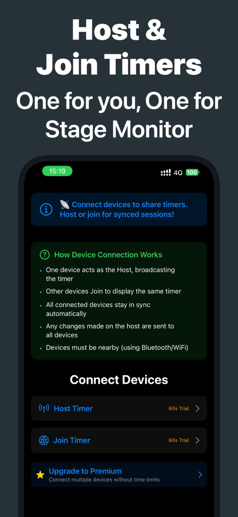 Stage Timer - Stage Timer App-Bildschirm mit den Optionen Host und Join für die Multi-Geräte-Synchronisierung.