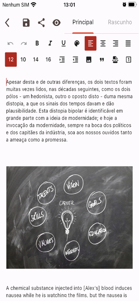 Mobile screen showing a text editor with formatting options and an inserted image for PDF creation