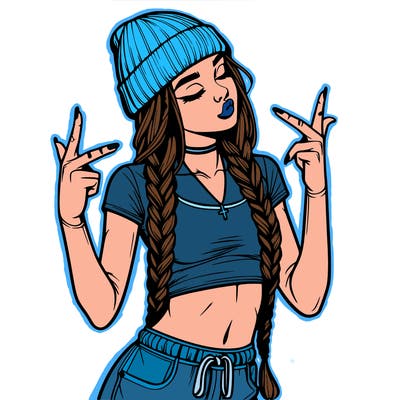 realistic teenage girl with braids and a beanie and crop top doing 🫶🏼