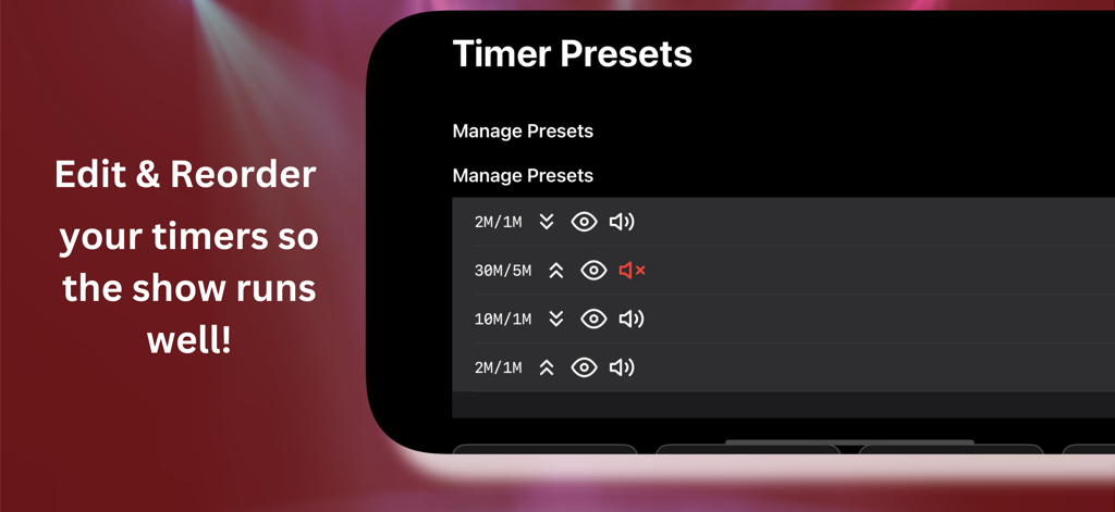Stage Presence: Lite - Interfaz de la aplicación Stage Presence Lite que muestra la pantalla de gestión de ajustes preestablecidos del temporizador con varios intervalos de tiempo y configuraciones de alerta