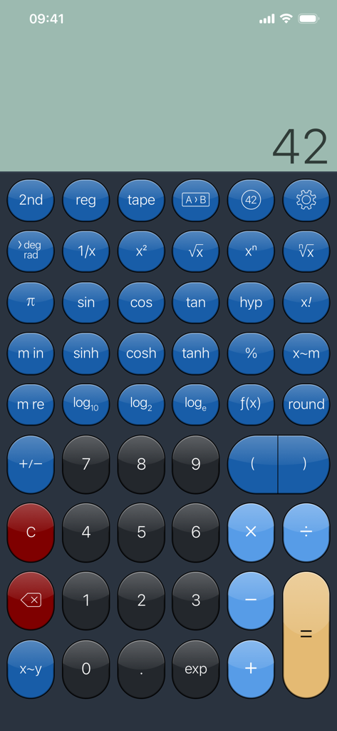 PCalc - Una vista a pantalla completa de la interfaz de calculadora científica PCalc en un iPhone que presenta varias funciones matemáticas y un tema de botones azules.