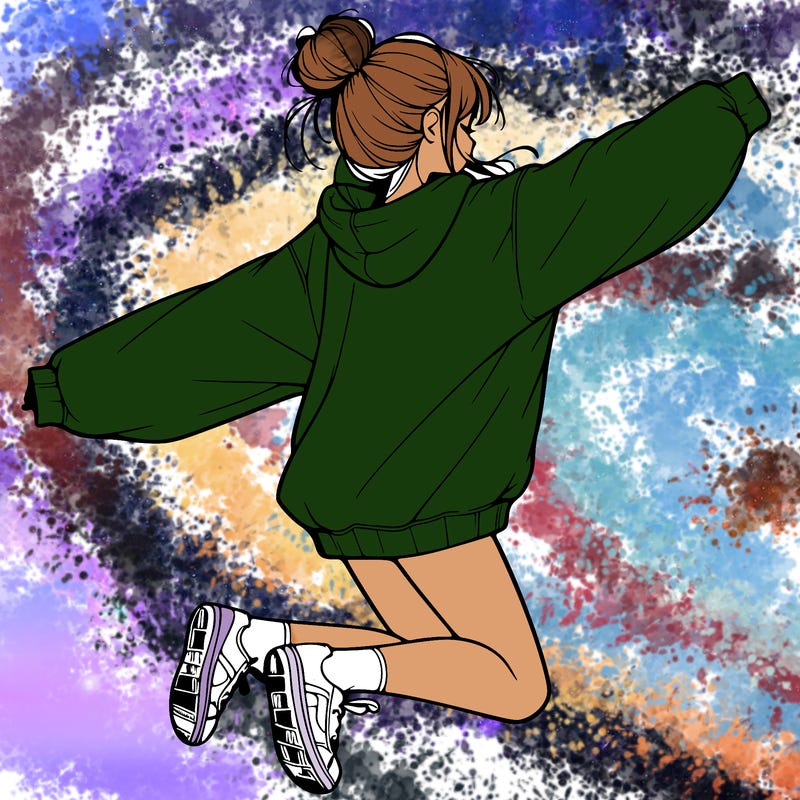 realistic girl jumping with a bun and oversized sweatshirt