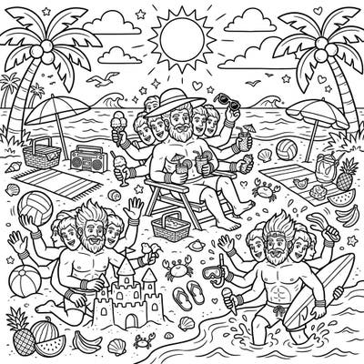 Unleash your creativity with this epic coloring page featuring the mighty Hecatoncheires enjoying a well-deserved summer vacation. Capture the vibrant energy of a sunny beach day as these mythical giants relax, play, and soak up the sun.