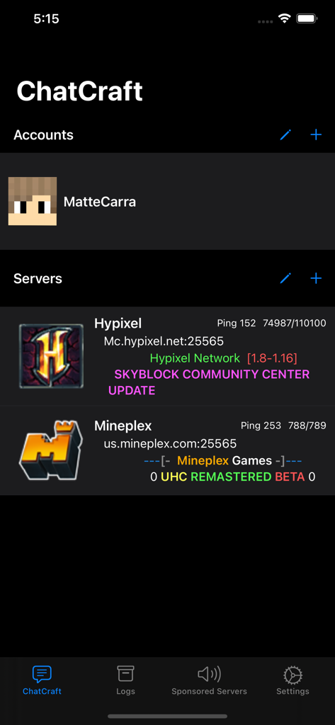 ChatCraft Pro for Minecraft - ChatCraft Pro app interface showing Minecraft server list and user accounts