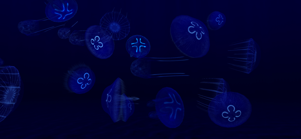 Fish Farm 3 - Aquarium - A group of bioluminescent blue jellyfish swimming in a dark realistic 3D aquarium.