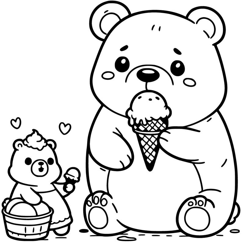 cute bear eating an ice cream cone, and a tinier bear beside her with an ice cream scoop on the ground and the cone in her hand