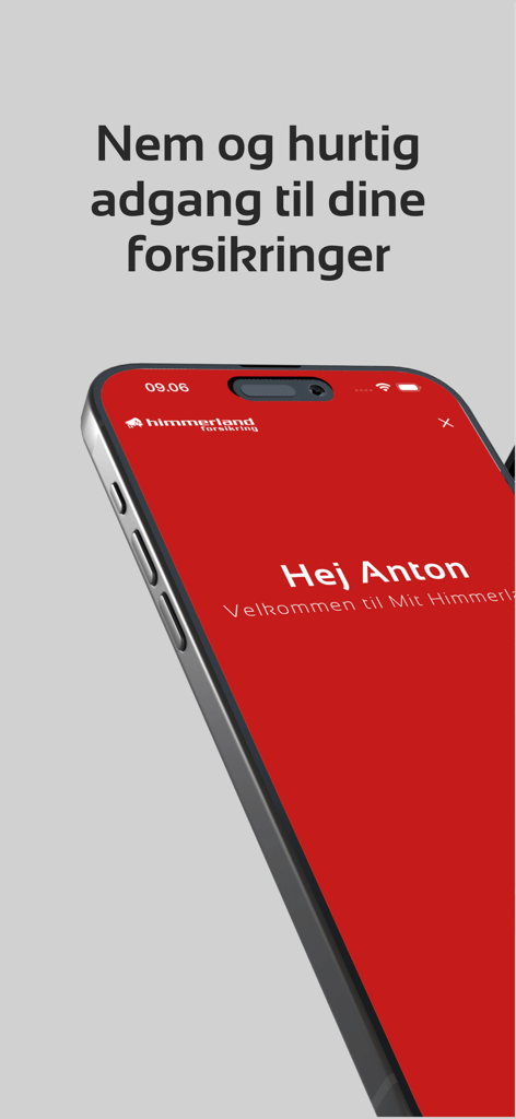 Mit Himmerland - Pantalla de bienvenida de la app de seguros Mit Himmerland en un teléfono móvil