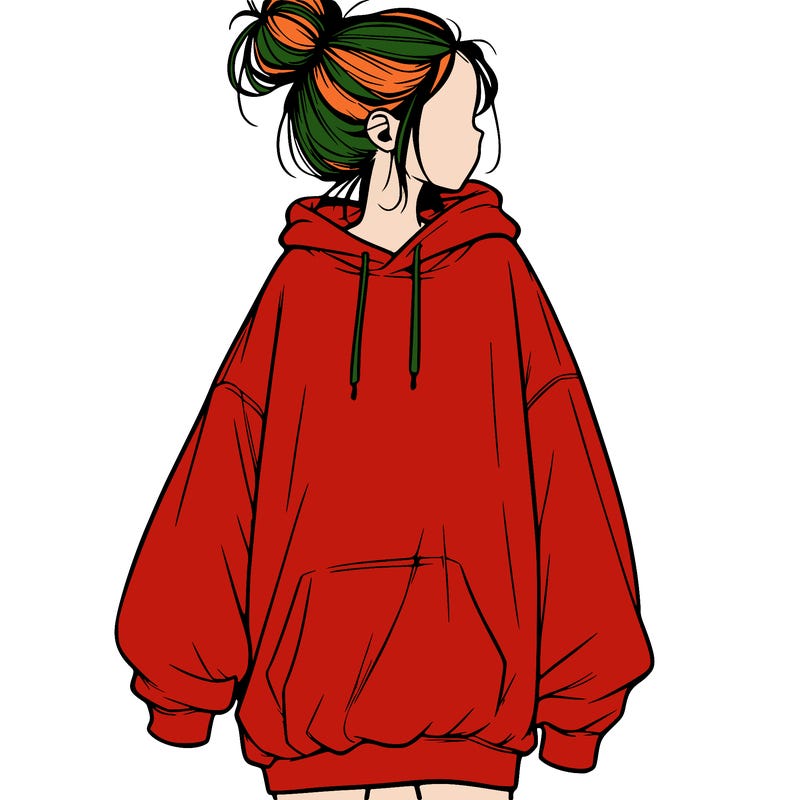 realistic girl with a oversized sweatshirt on and a bun